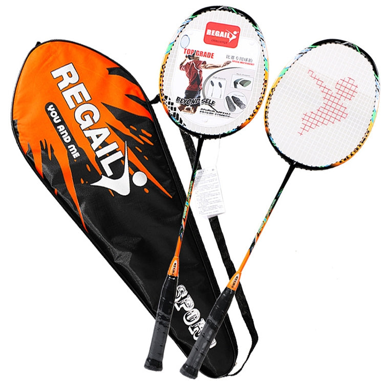 Orange badminton racket set with two rackets and white grip labels
