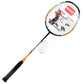 Orange badminton racket with white string bed and printed grip label