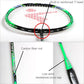 Green badminton racket head close-up with red string pattern and reinforced T junction