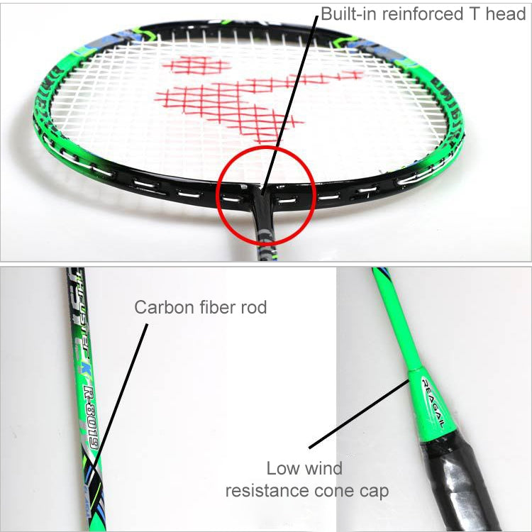 Green badminton racket head close-up with red string pattern and reinforced T junction