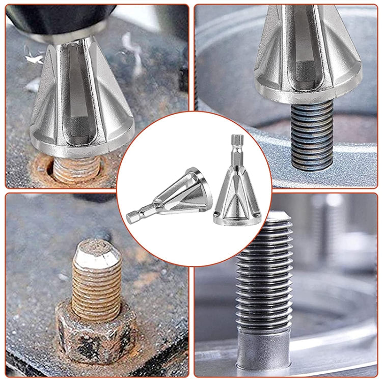 Silver three-slot external chamfer tool on a threaded bolt