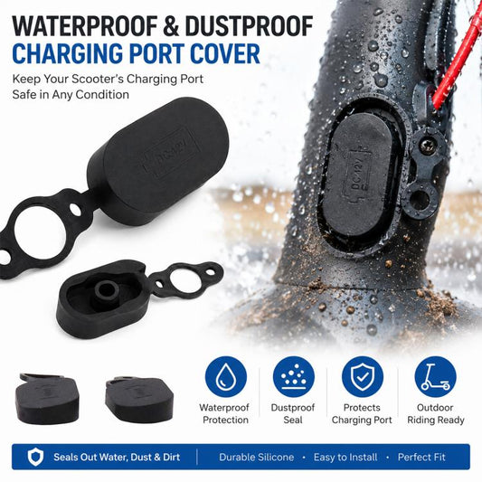 Black silicone charging port cover with tether ring and dustproof cap, close-up