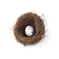 Brown straw bird nest with speckled white egg, front view