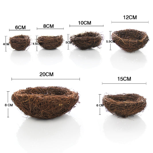 Brown woven simulated bird nest decoration with size measurements shown