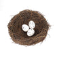 Round brown twig bird nest with three speckled white eggs, centered