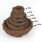 Bird nest decoration: brown twig nest with five speckled white eggs, labeled size points