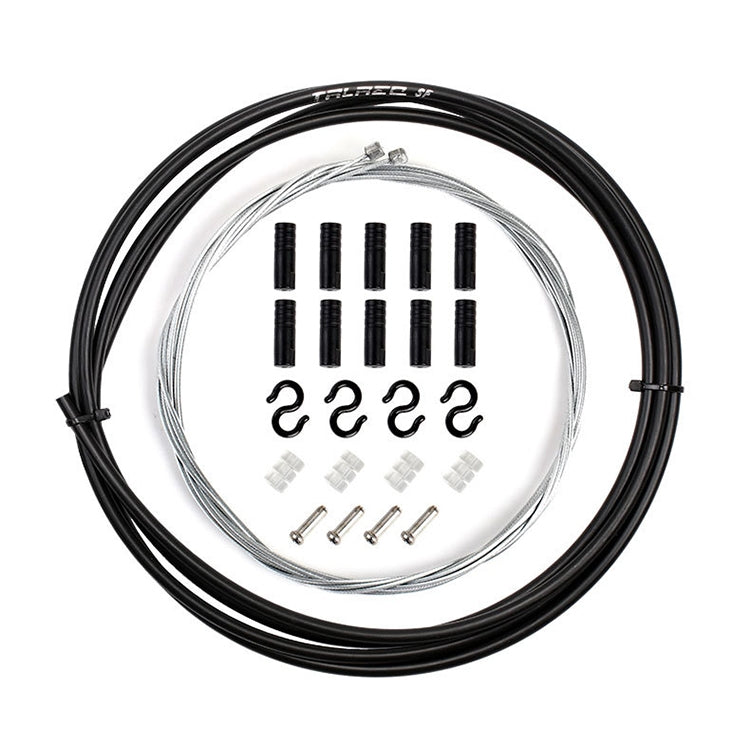 Universal bicycle cable housing set with black outer tubes, steel inner wire, and fittings