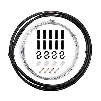 Universal bicycle cable housing set with black outer tubes, steel inner wire, and fittings