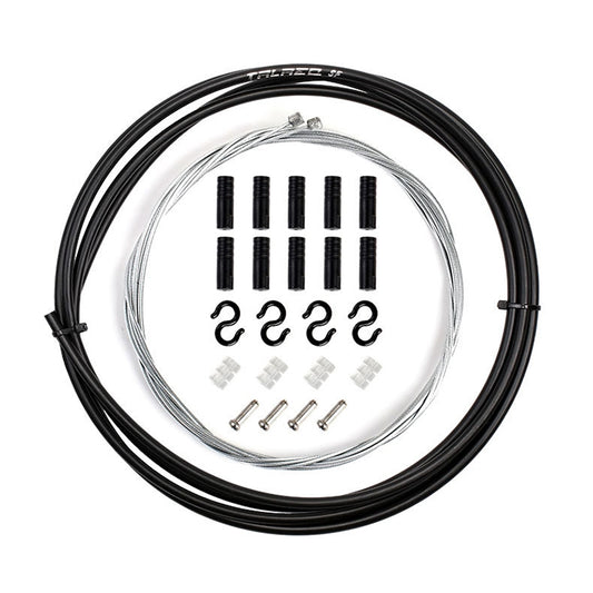 Universal bicycle cable housing set with black outer tubes, steel inner wire, and fittings
