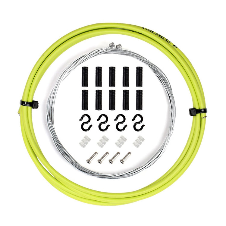 Universal bicycle brake cable set with bright lime green outer cable and included hardware