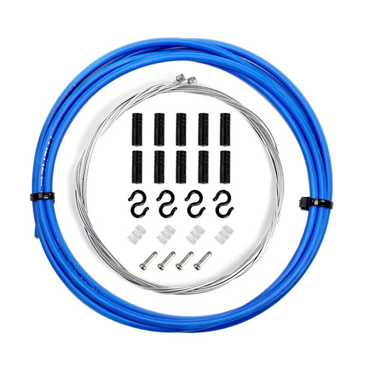 Universal bicycle brake cable set with blue outer cable and included hardware accessories