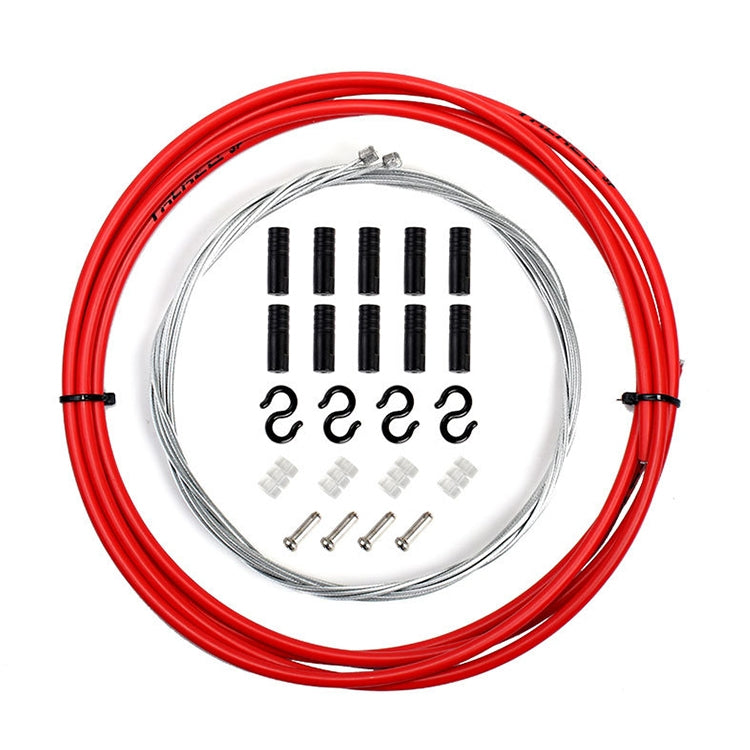 Universal bicycle brake cable set with red outer cable and included hardware accessories