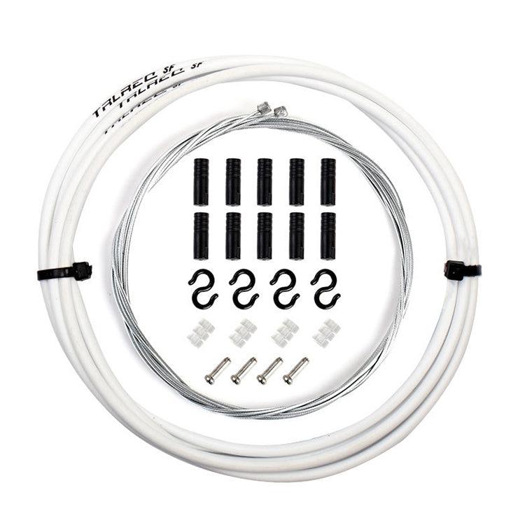 Universal bicycle brake cable set with white outer cable and included hardware accessories