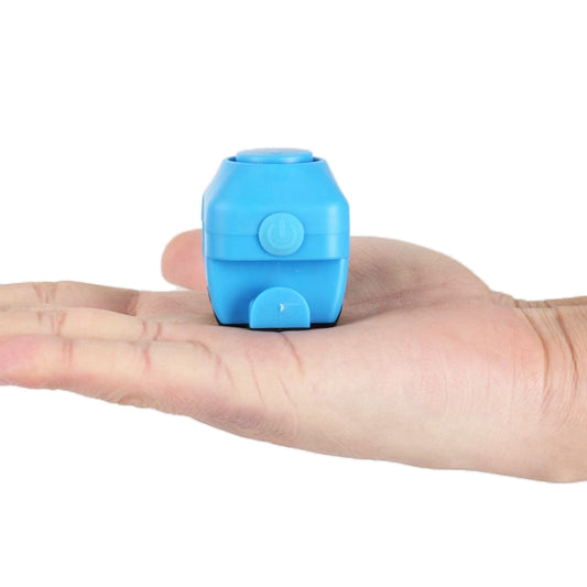 Blue electric bicycle horn with bell, small device shown being pressed by a hand