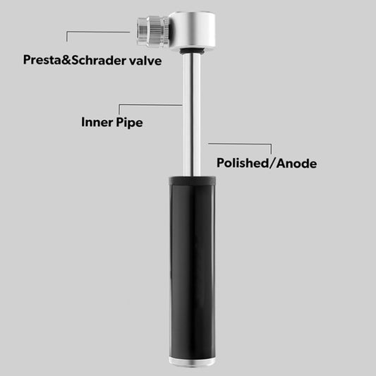 Mini portable bicycle pump with black sleeve and silver barrel, valve head on top