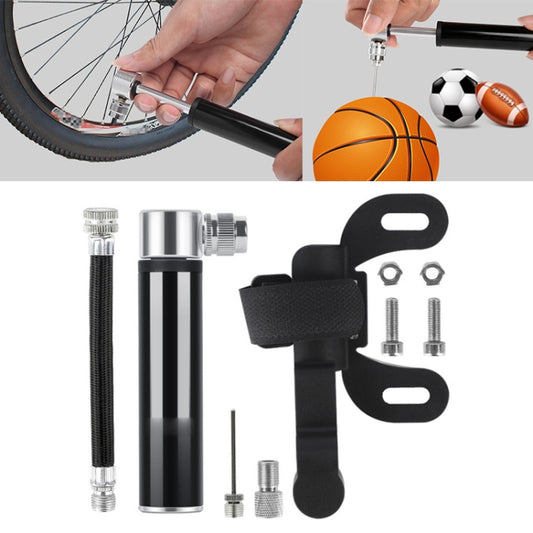 Mini portable bicycle pump with black handle, silver cylinder and hose, bike mounting bracket