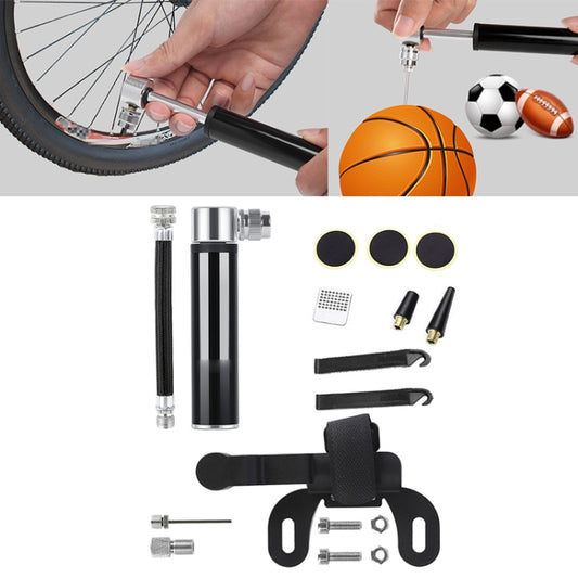 Mini portable bicycle pump kit with black cylinder, patch set, and fish-shaped tire lever