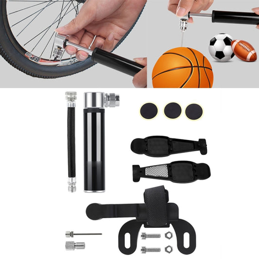 Mini bicycle pump with black hose, tire patches, and tire lever tools kit