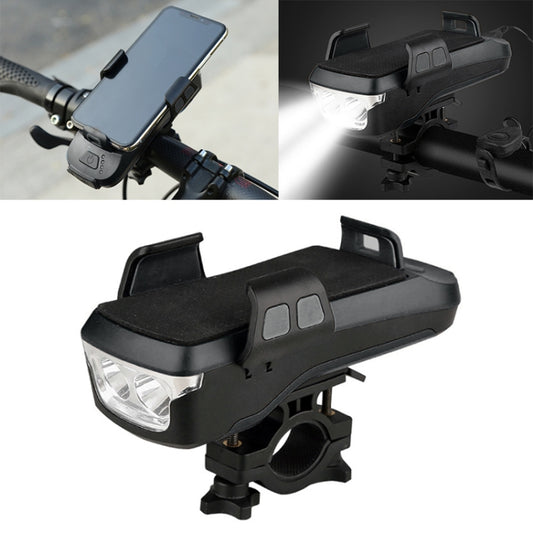 Black bike phone holder with adjustable cradle and front headlight on handlebar