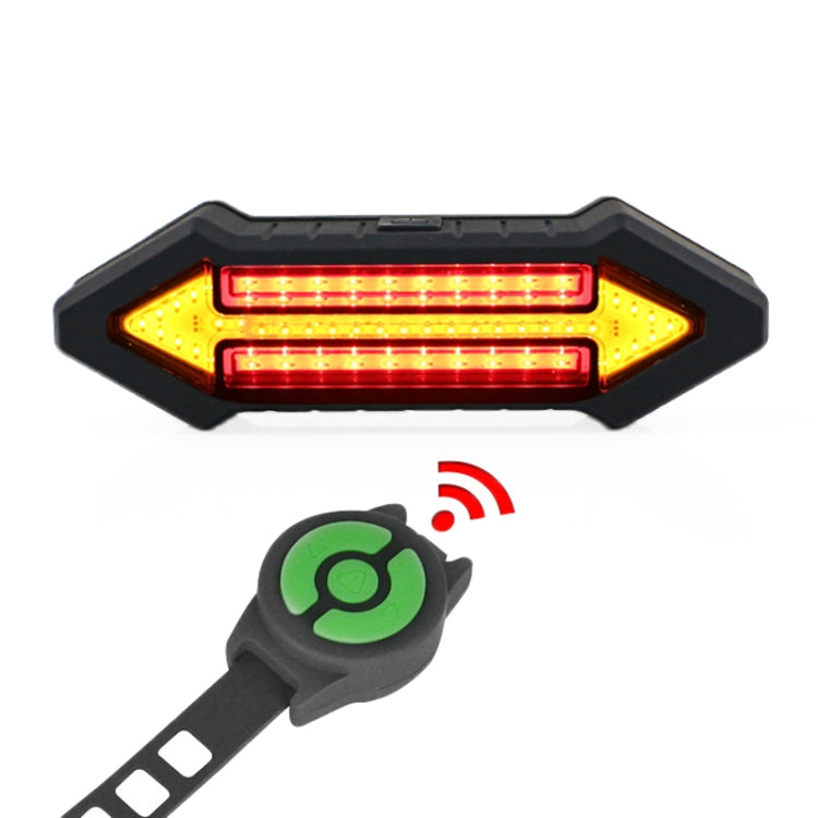 Rectangular bike tail light showing red and amber LED patterns with remote control icon