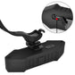 Black bike tail light mount with power switch and connection port, close-up view