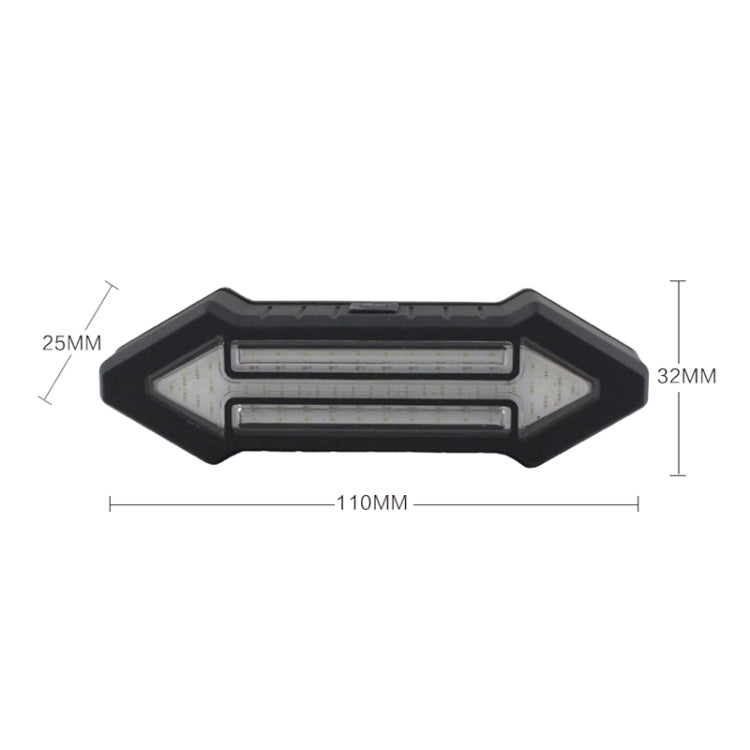 Bike tail light with dimensions: 110mm length, clear LED bar within black housing