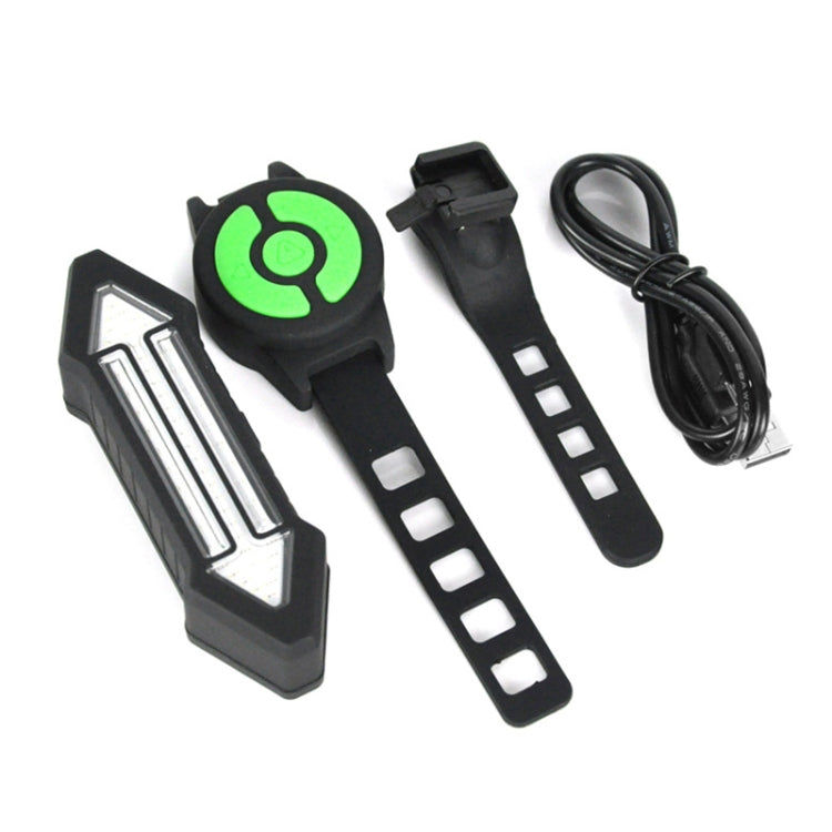 Bike tail light and wireless remote with green backlit button, plus charging cable