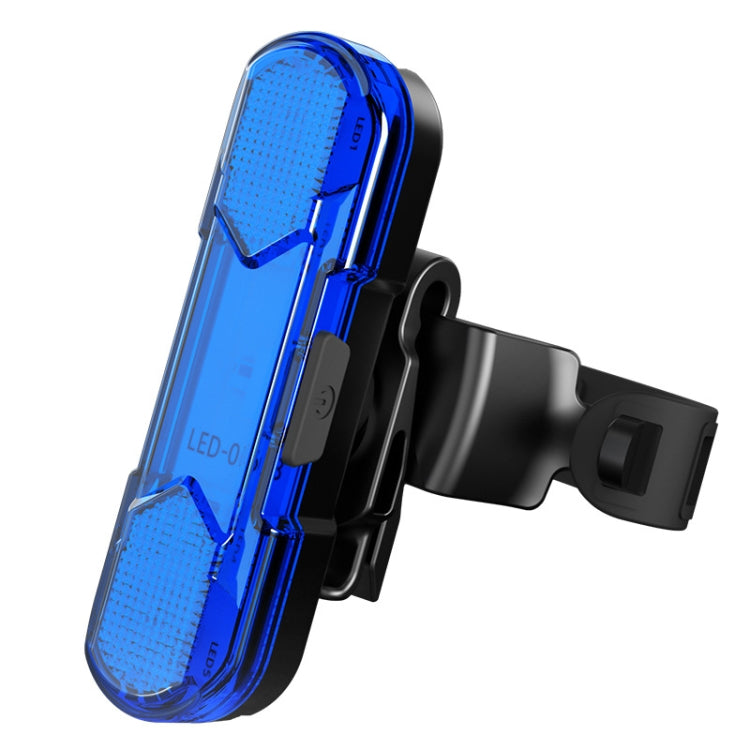 Blue LED bicycle USB rechargeable taillight with rear clip mount, angled view