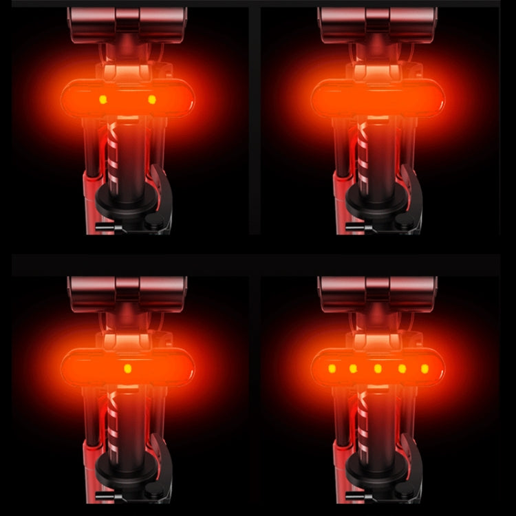 USB rechargeable bicycle taillight showing red LED patterns in four modes