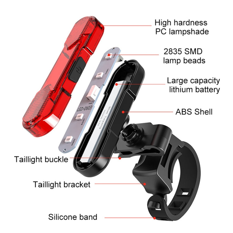 Red LED bicycle taillight components with mounting bracket, buckle, and silicone band
