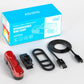 Rechargeable bicycle taillight kit with red light, mounting parts, and USB charging cable