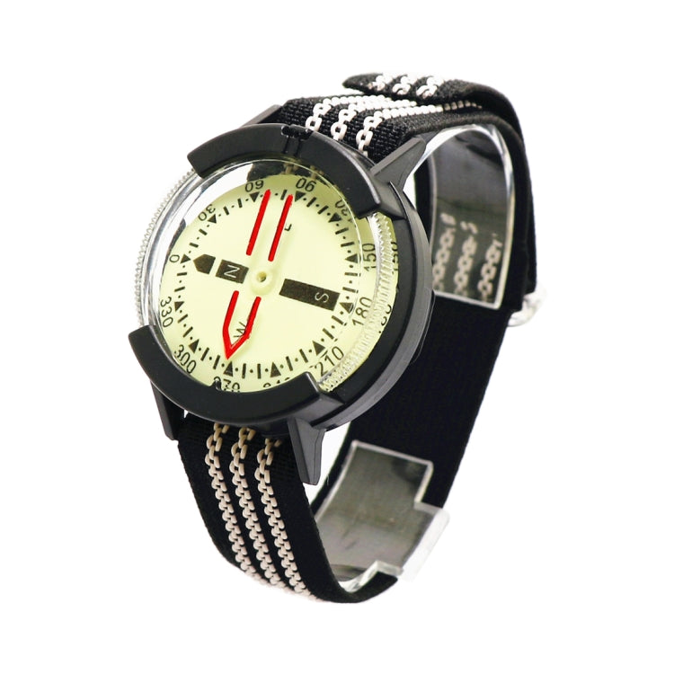 Black watch-style diving compass with luminous dial, red hands, chain strap