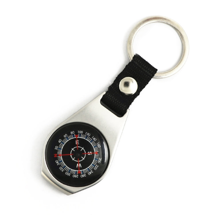 Zinc alloy compass keychain with black strap and silver key ring, teardrop dial