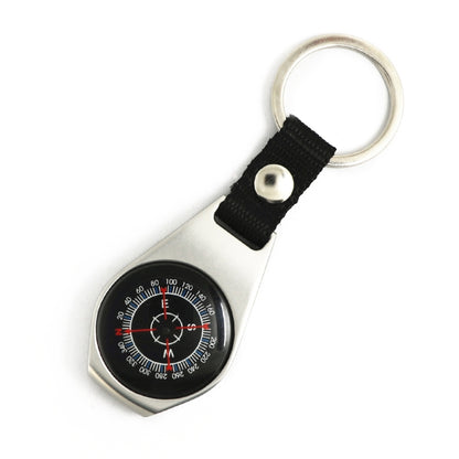 Zinc alloy compass keychain with black strap and silver key ring, teardrop dial
