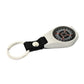 Teardrop compass keychain with black strap, silver ring, round dial with red markings