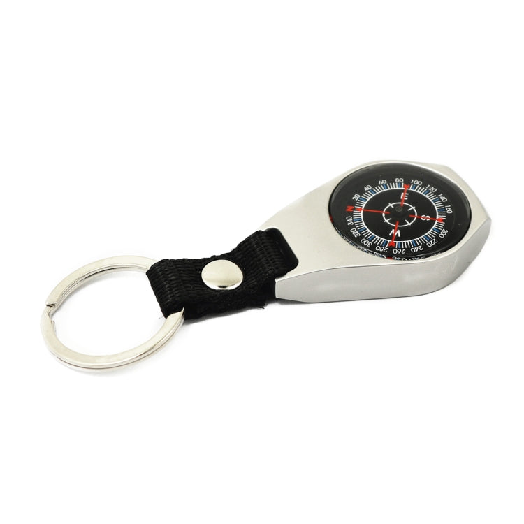 Teardrop compass keychain with black strap, silver ring, round dial with red markings