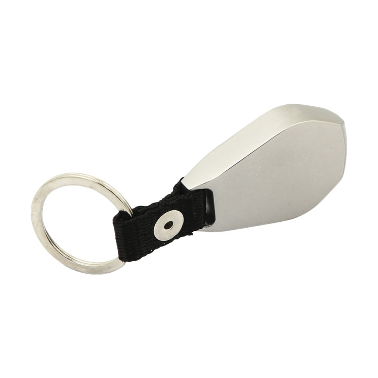 Silver teardrop compass keychain with black fabric loop and metal key ring