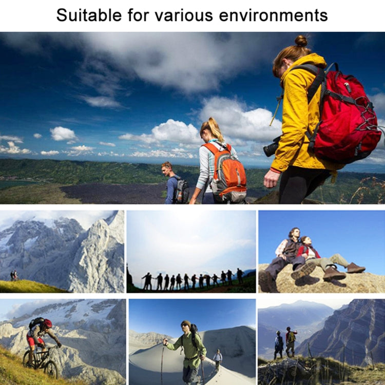 Hiking scene collage with backpackers outdoors under blue sky