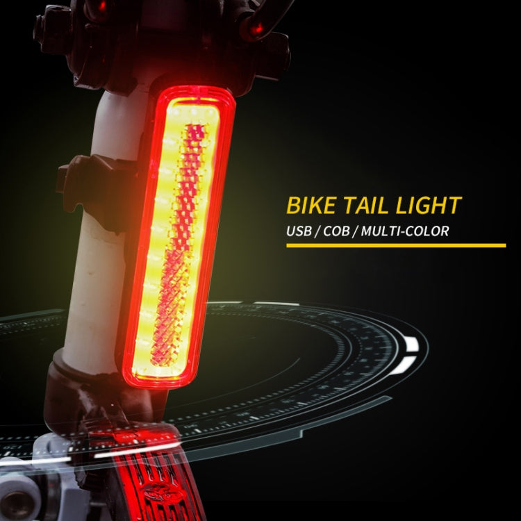Bike tail light mounted with bright red vertical COB LEDs; USB multi-color