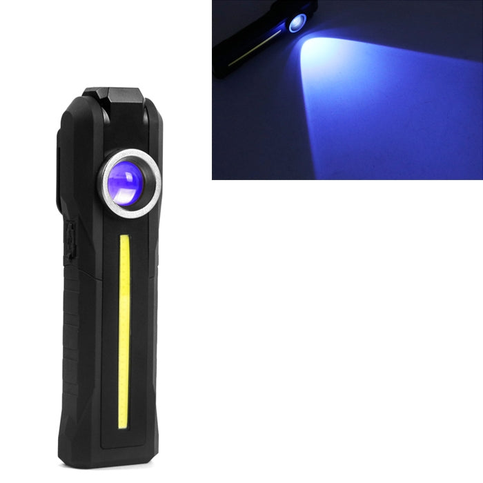 Black rechargeable flashlight lantern with circular lens and vertical LED bar emitting purple light
