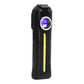 Black rechargeable flashlight lantern with circular lens and vertical LED bar, purple light mode