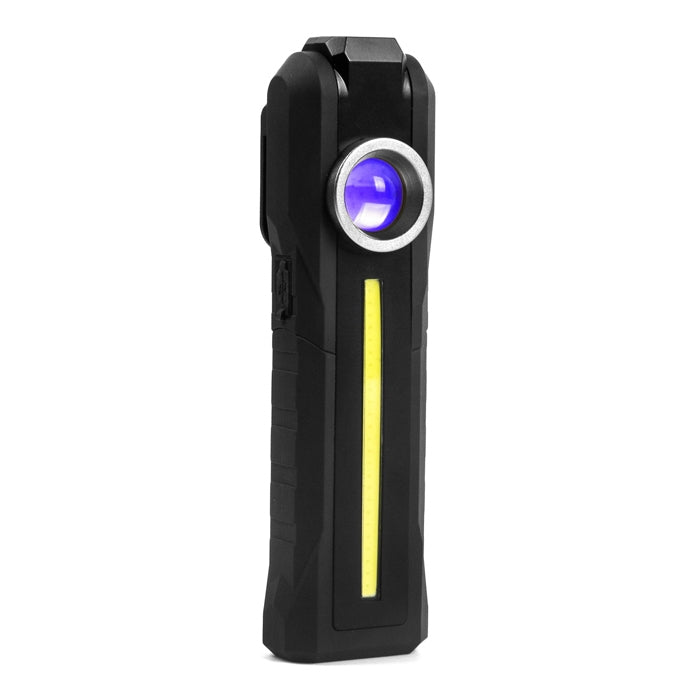 Black rechargeable flashlight lantern with circular lens and vertical LED bar, purple light mode