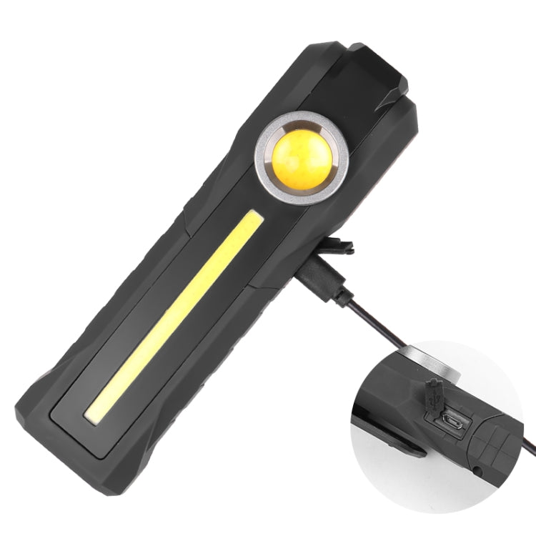 Black rechargeable flashlight lantern with yellow circular lens, vertical LED bar, and charging cable