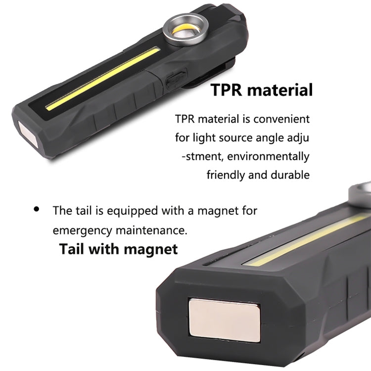 Black rechargeable flashlight lantern with silver-ring lens, LED bar, and built-in magnet