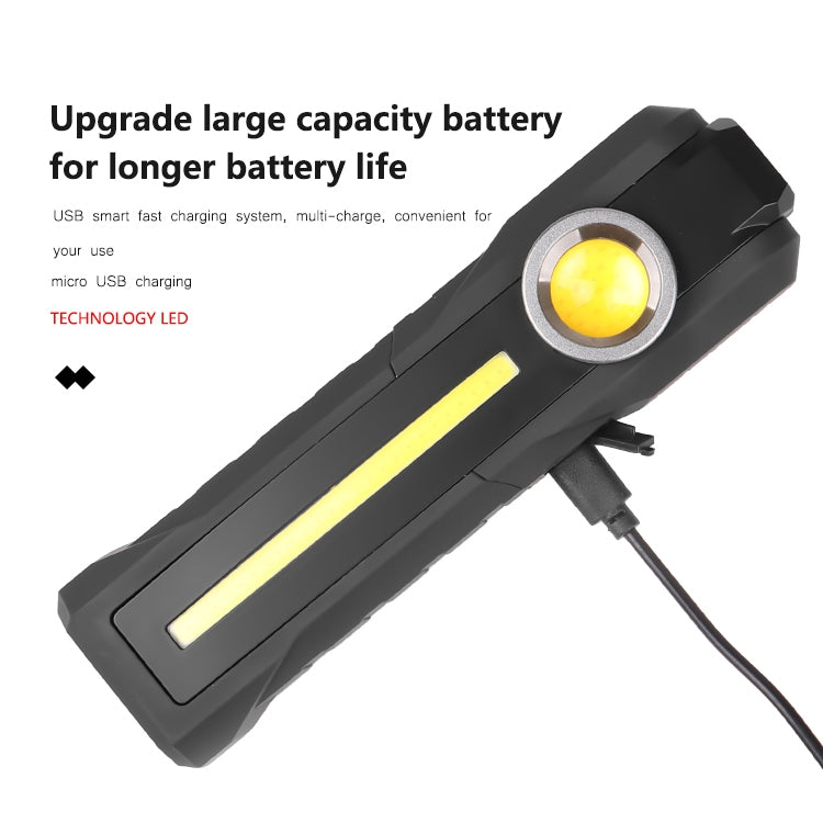Black rechargeable flashlight lantern with yellow lens, vertical LED bar, and charging cord
