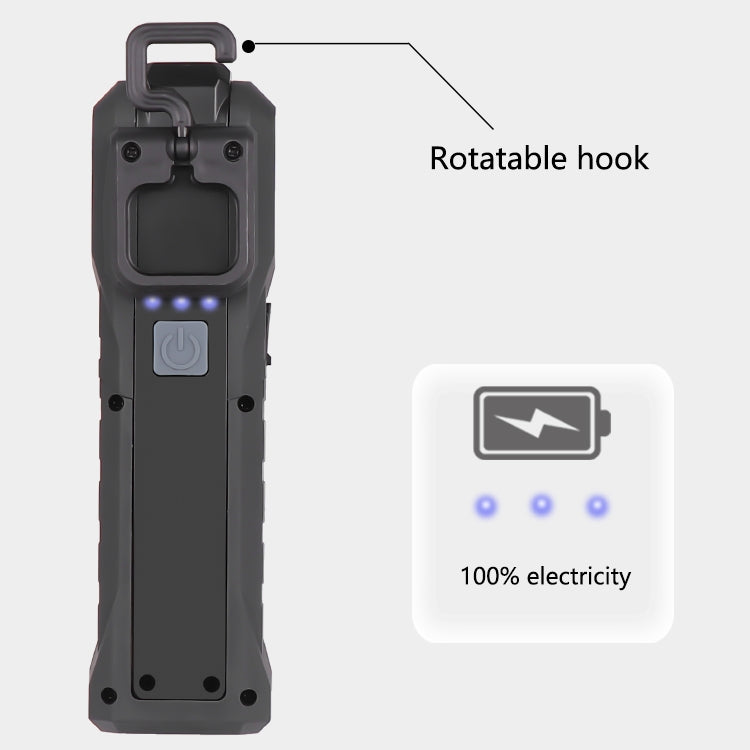 Black rechargeable flashlight lantern with rotatable hook, power button, and LED indicator