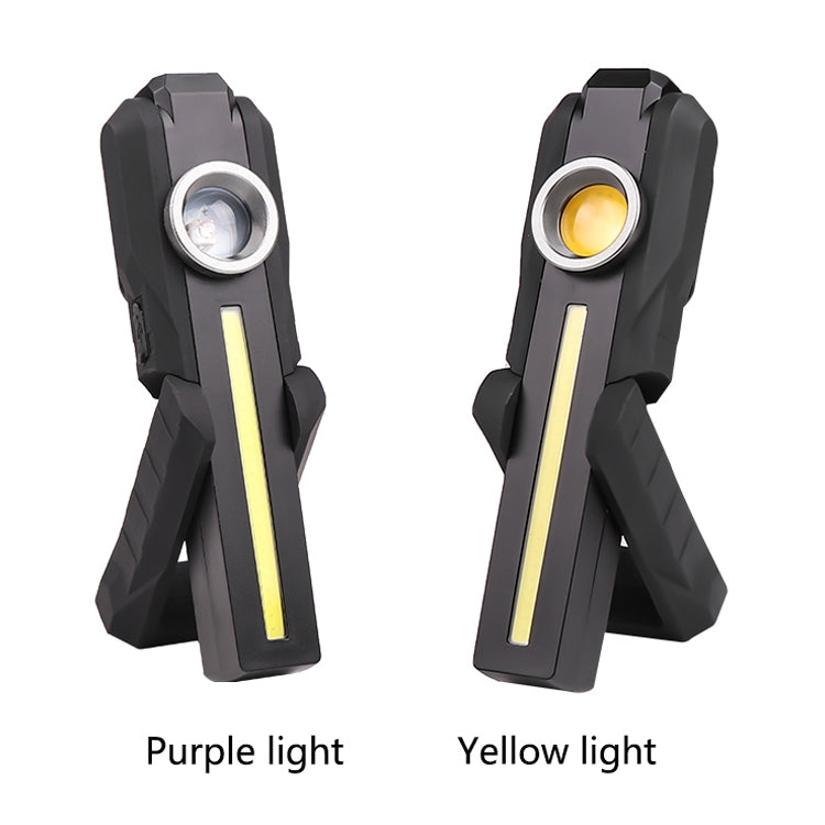 Two black rechargeable flashlight lanterns showing purple light and yellow light modes