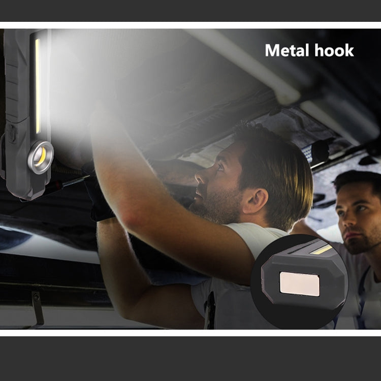 Black rechargeable flashlight lantern with metal hook for hands-free lighting under a vehicle