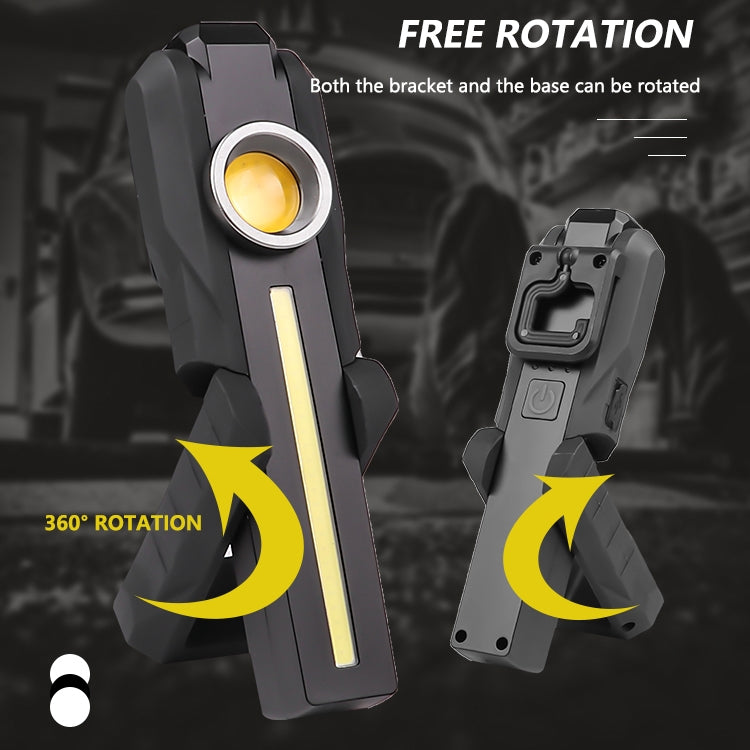 Black rechargeable flashlight lantern with rotatable bracket and 360-degree mounting base