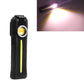 Black rechargeable flashlight with round lens and yellow LED strip